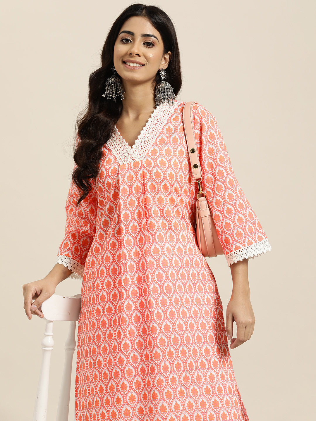 

HERE&NOW Ethnic Motifs Print Pure Cotton Flared Sleeves Kurta, Coral