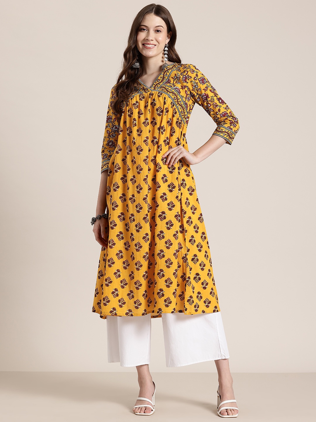 

HERE&NOW Ethnic Motifs Printed Pure Cotton Kurta, Mustard