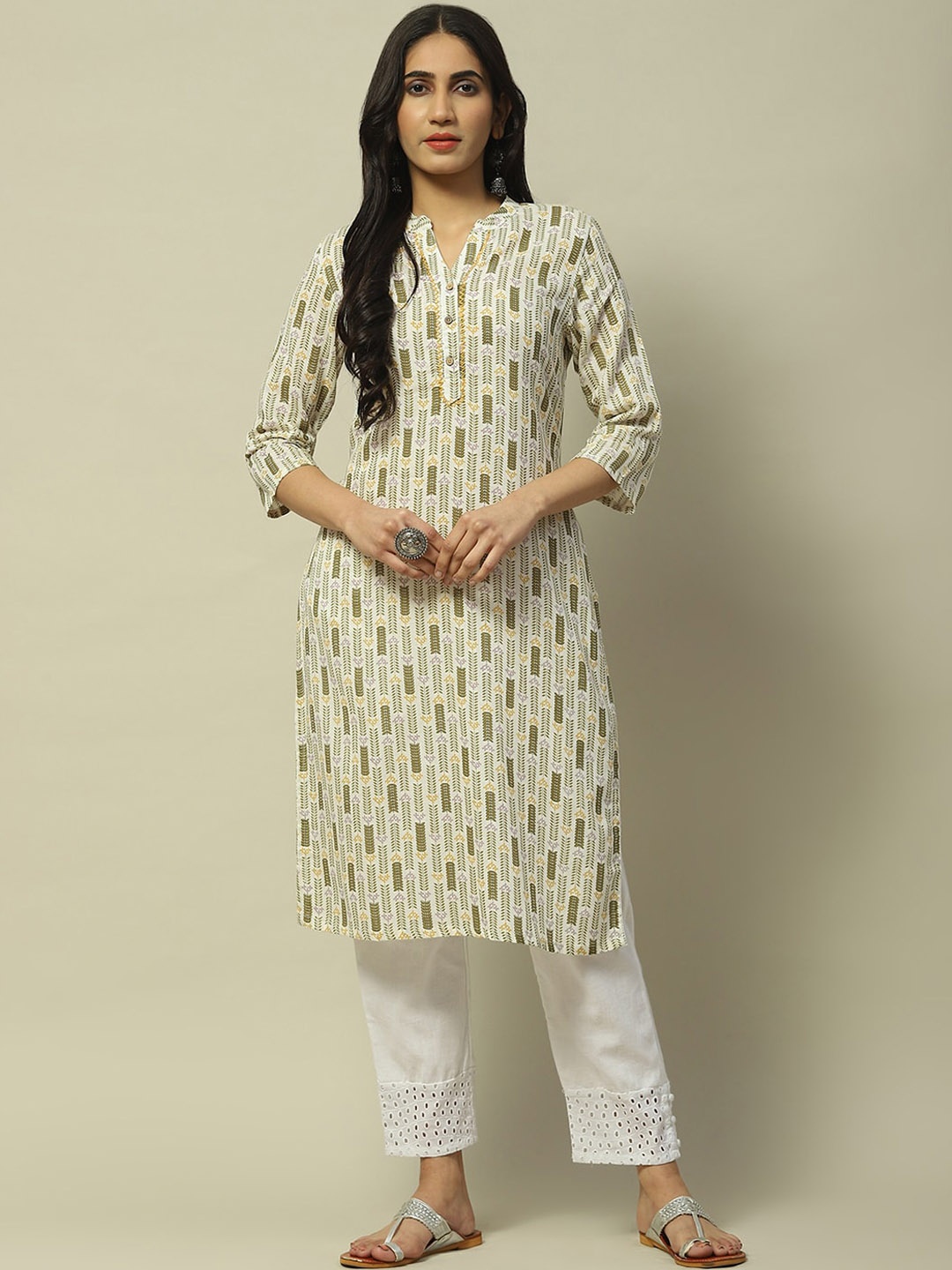 

Rangriti Floral Printed Embroidered Band Collar Straight Kurta, Green