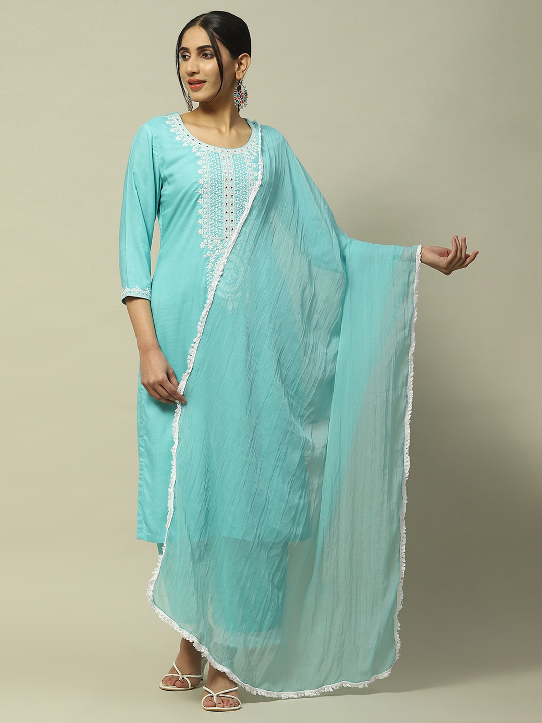 

Rangriti Yoke Design Regular Sleeves Mirror Work Strigth Kurta, Blue