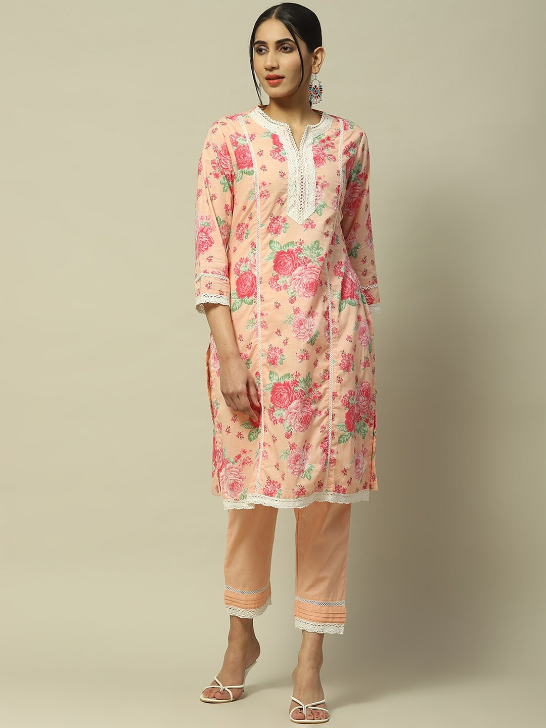 

Rangriti Floral Printed Regular Thread Work Pure Cotton Kurta with Trousers, Pink