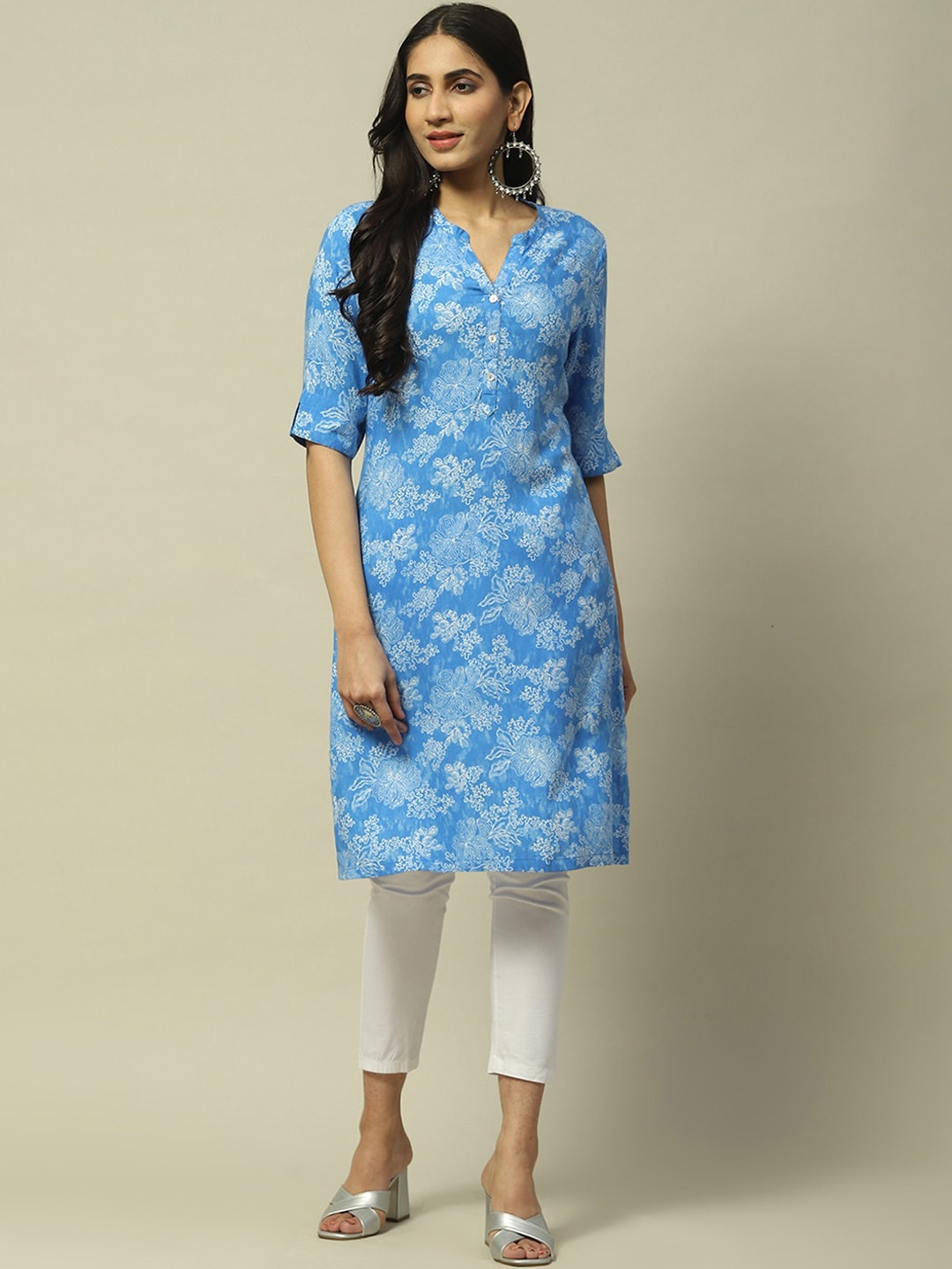 

Rangriti Floral Printed Band Collar Straight Kurta, Blue