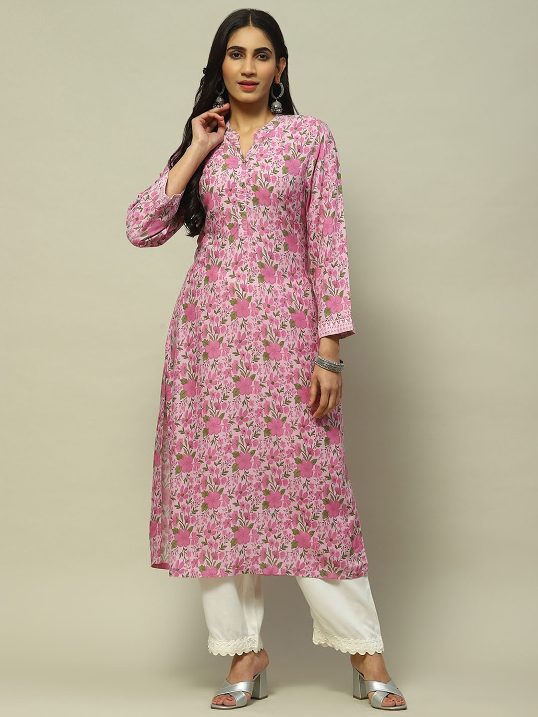 

Rangriti Floral Printed Regular Sleeves Sequinned Straight Kurta, Pink