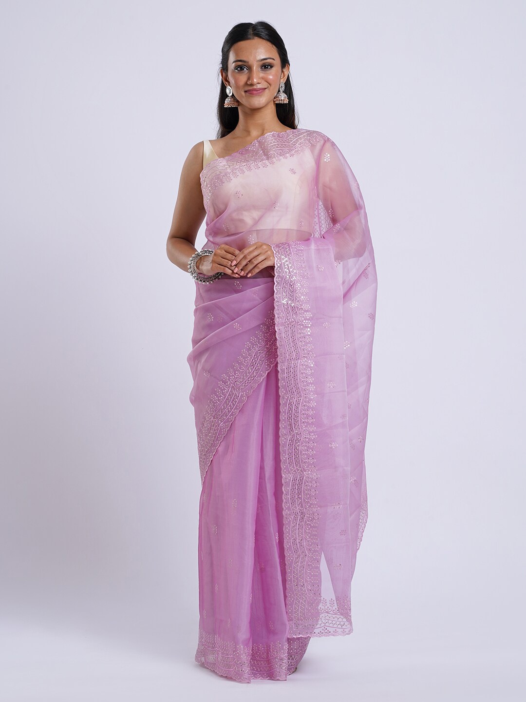 

TEEJH Embellished Embroidered Organza Saree, Lavender