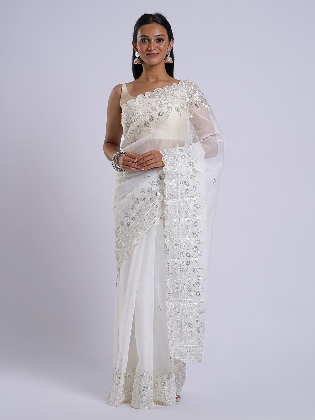 

TEEJH Floral Embroidered Sequinned Organza Saree, White