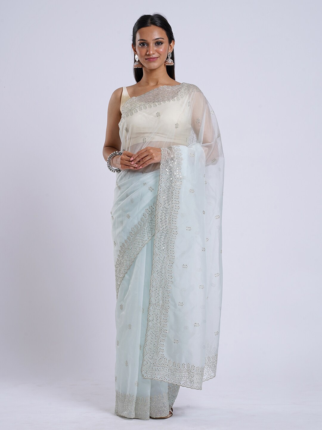 

TEEJH Embellished Embroidered Organza Saree, Blue