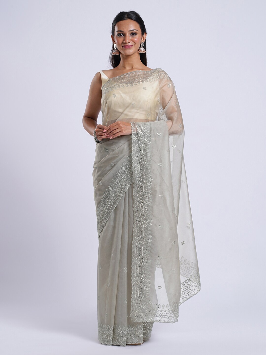 

TEEJH Embellished Embroidered Organza Saree, Grey