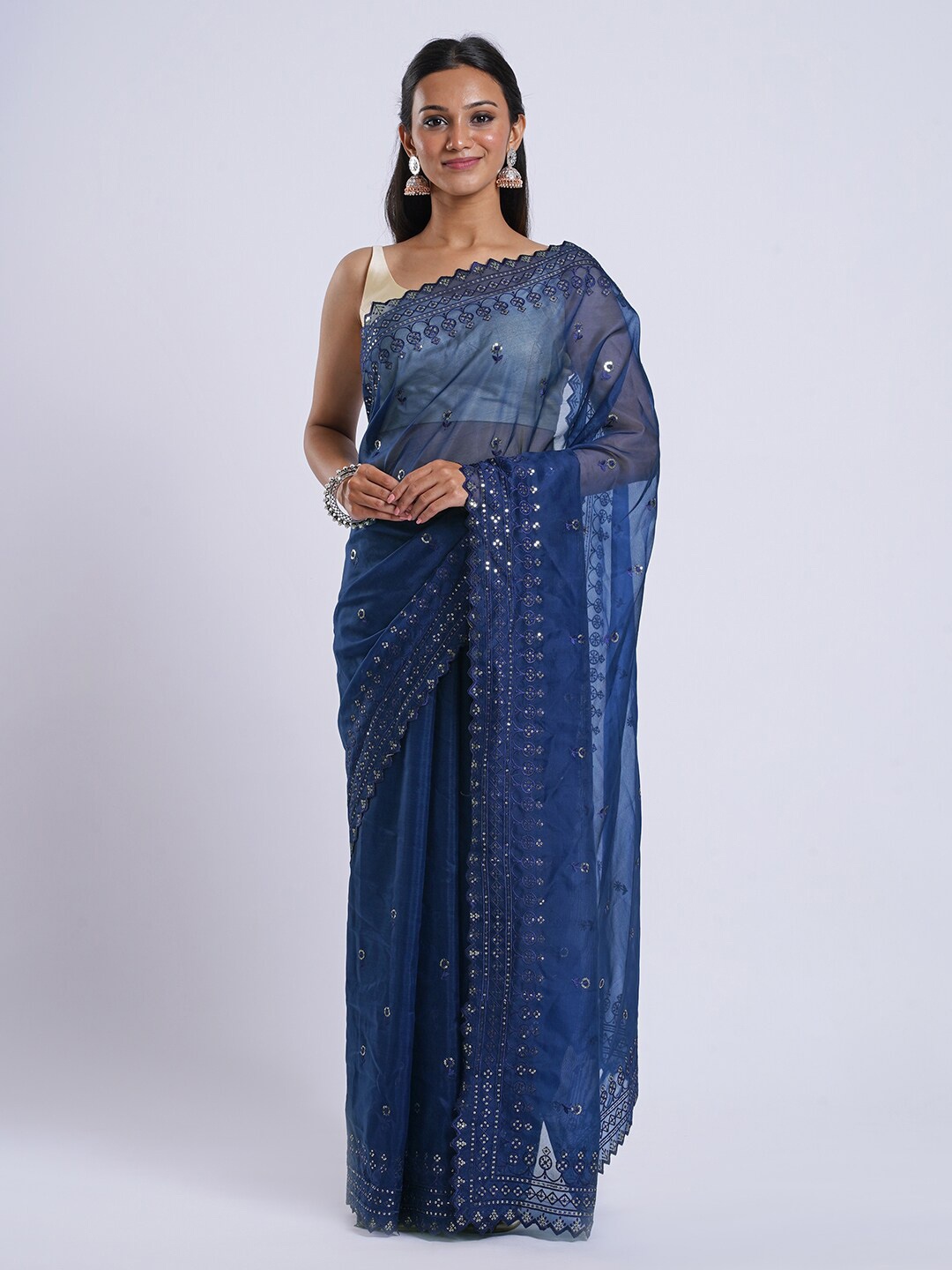 

TEEJH Embellished Embroidered Organza Saree, Blue