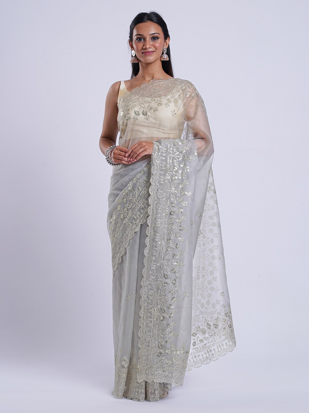 

TEEJH Floral Embroidered Sequinned Organza Saree, Grey