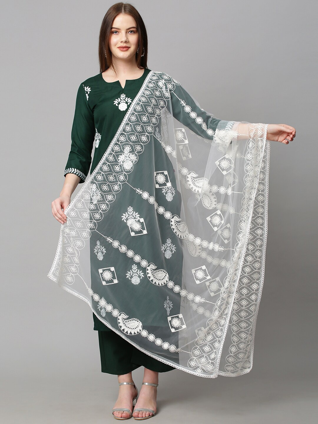 

KALINI Floral Embroidered Thread Work Kurta With Palazzos & Dupatta, Green