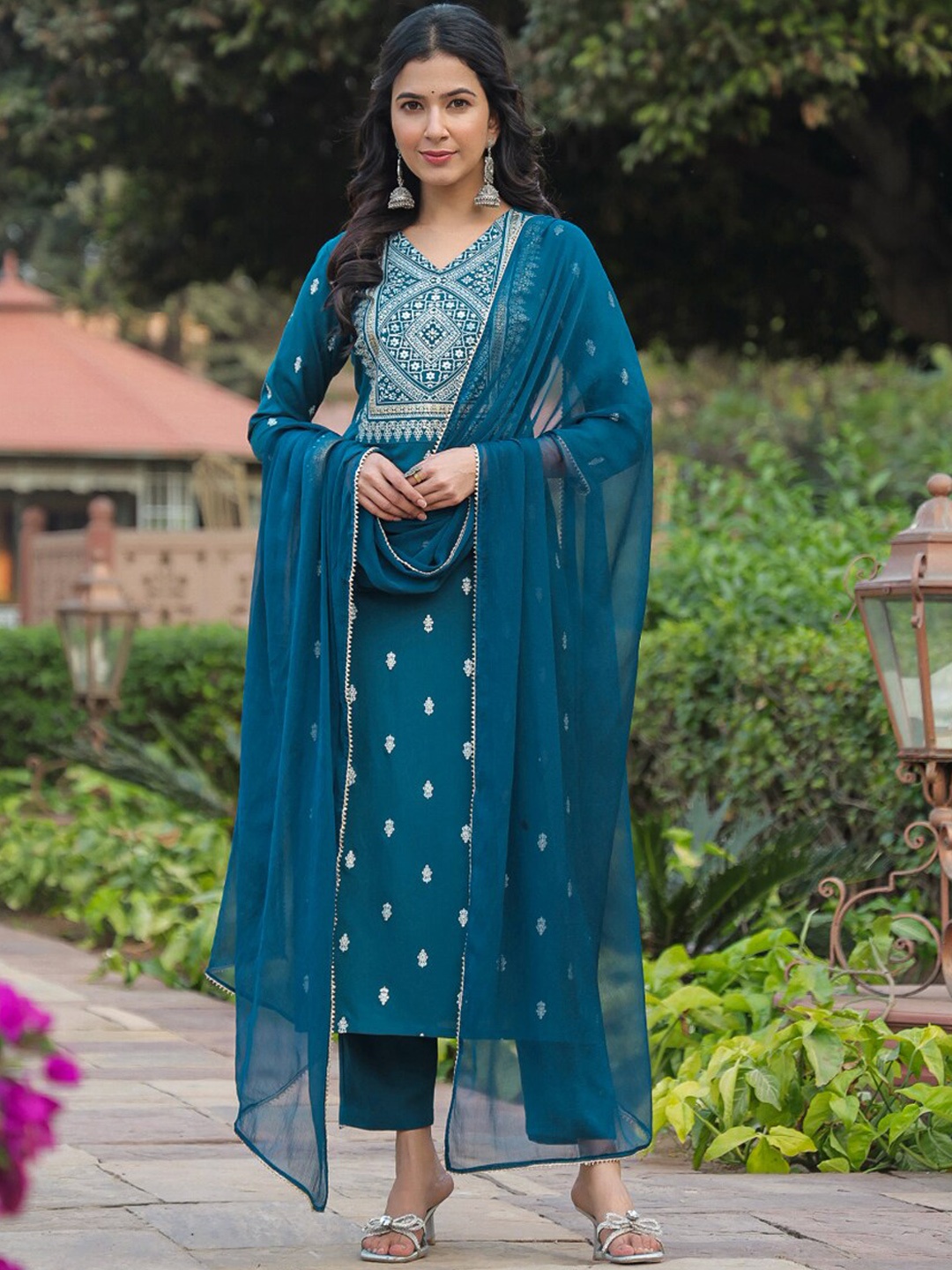 

KALINI Floral Embroidered Straight Kurta & Trousers With Dupatta, Teal
