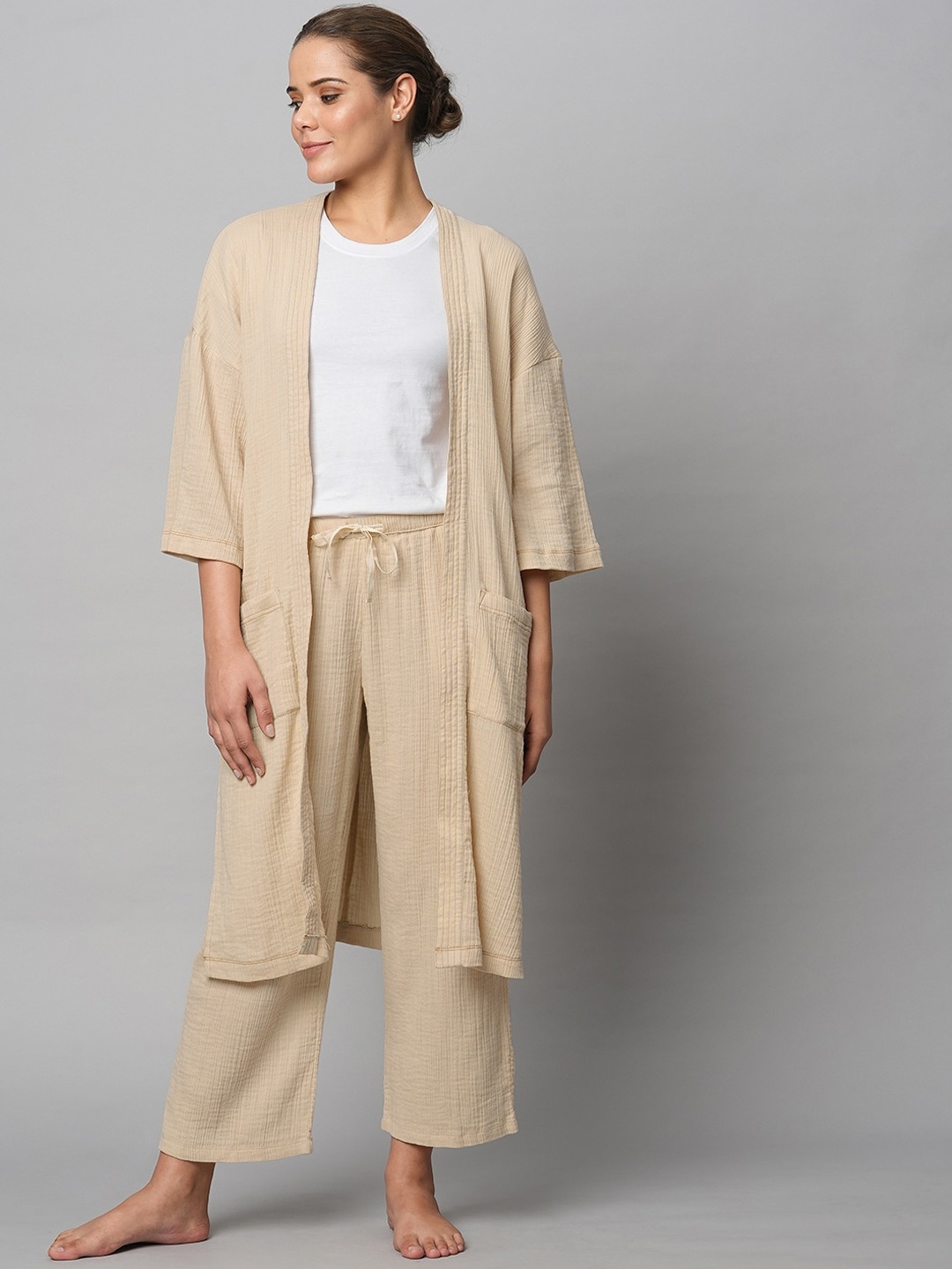 

Chemistry Crinkle Double Crepe Pure Cotton Shrug With Trouser, Beige