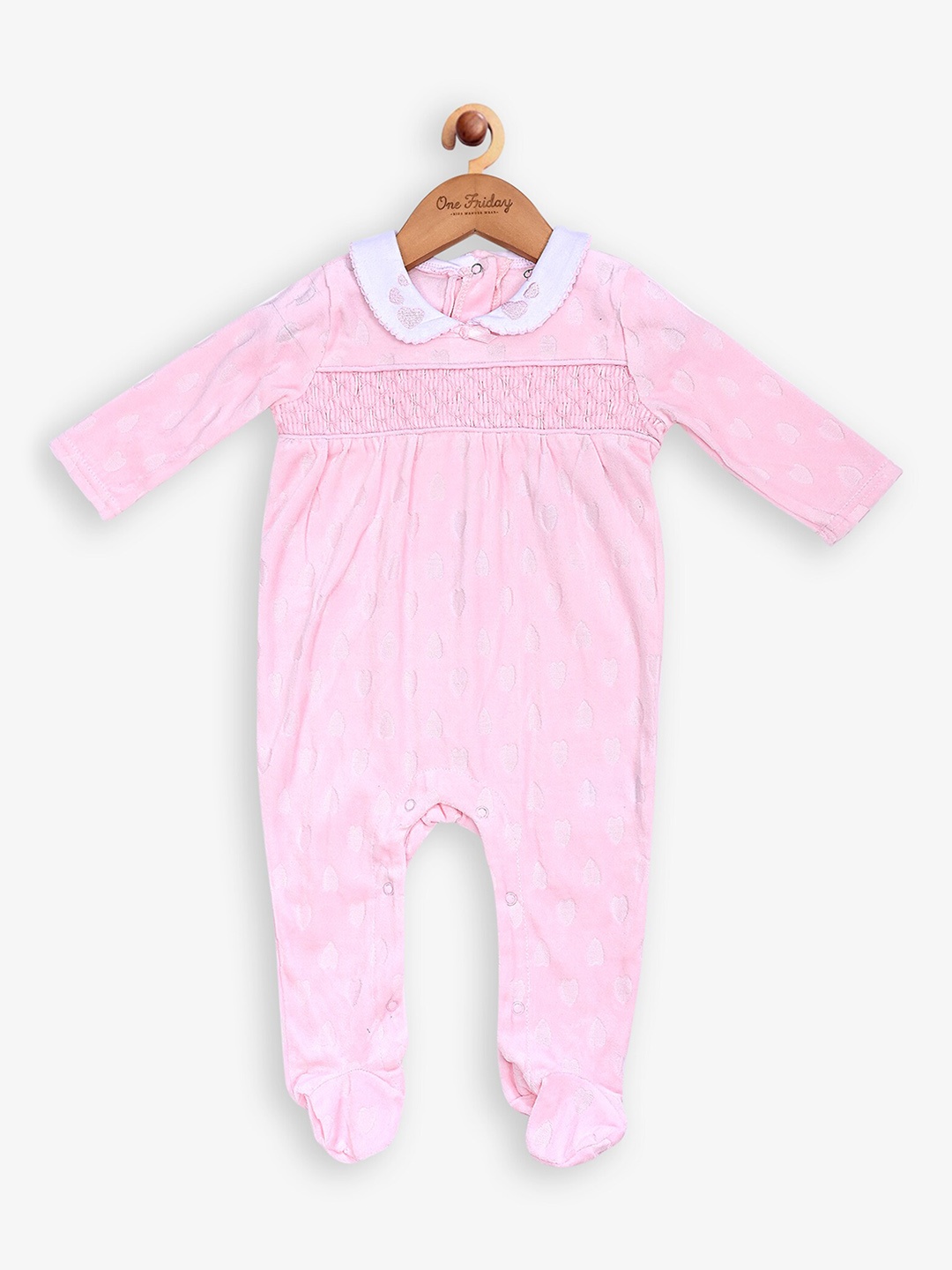 

One Friday Girls Printed Pan Collar Cotton Sleepsuits, Pink