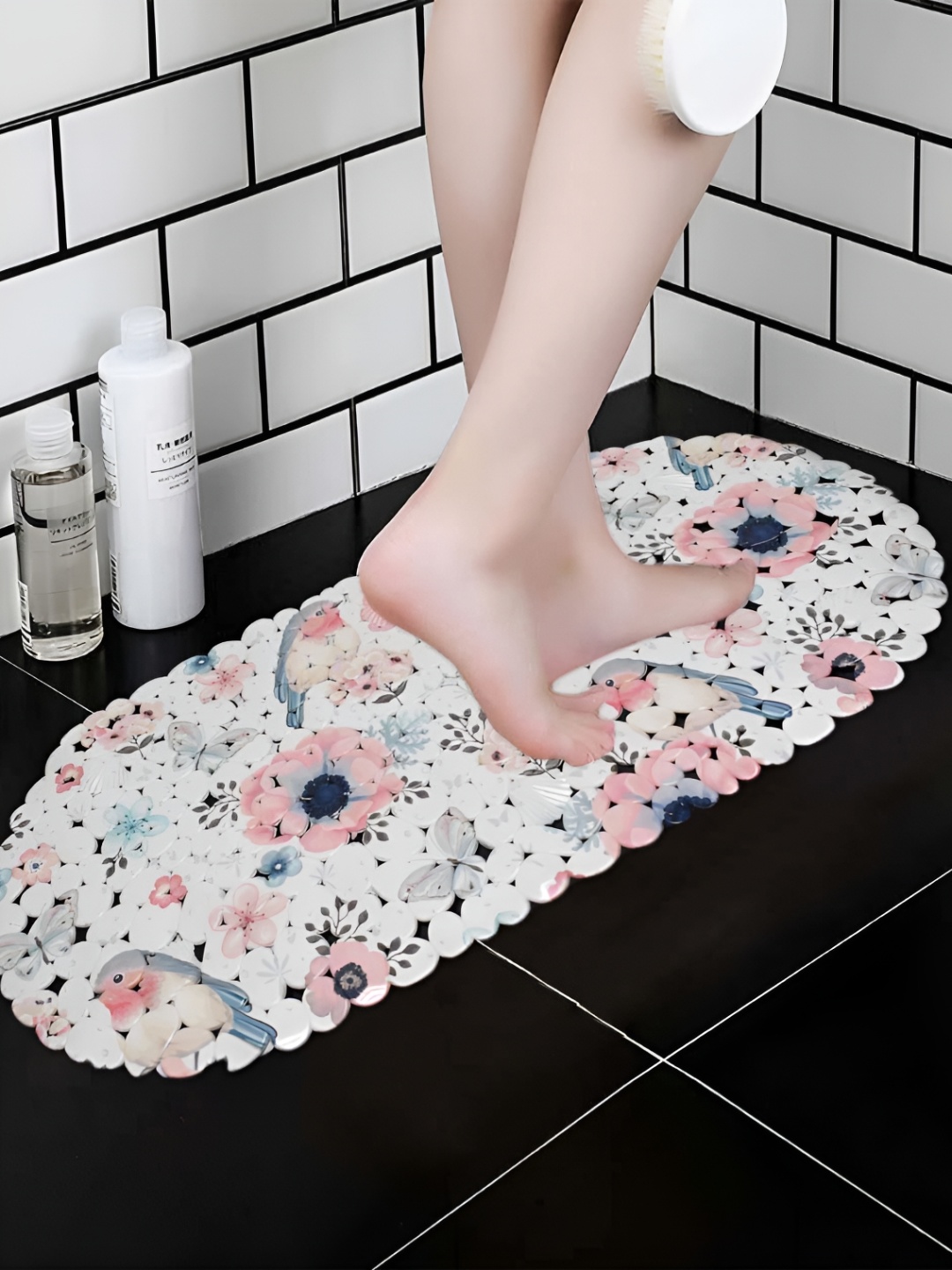 

Kookee White & Pink Printed 150 GSM Bath Rug