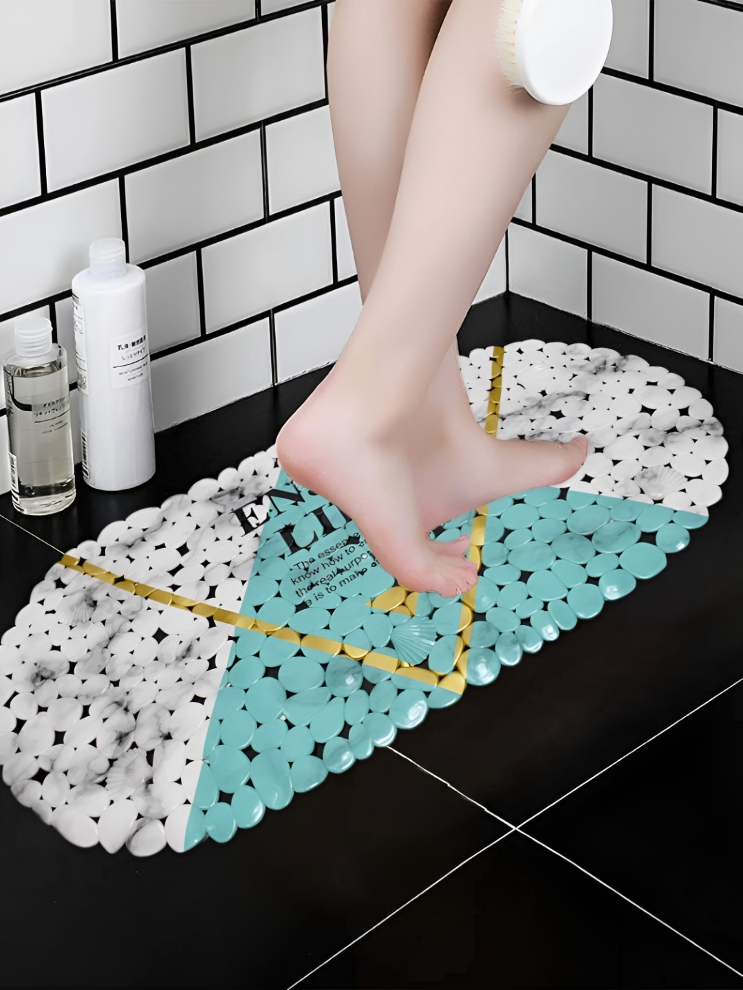 

Kookee White & Blue Printed Non Slip Pebble Bath Mat