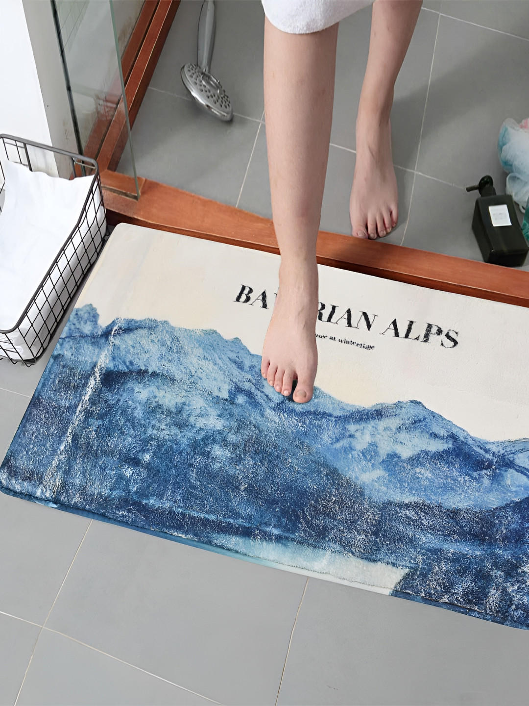 

Kookee Blue & Beige Printed 150 GSM Microfiber Bath Rug