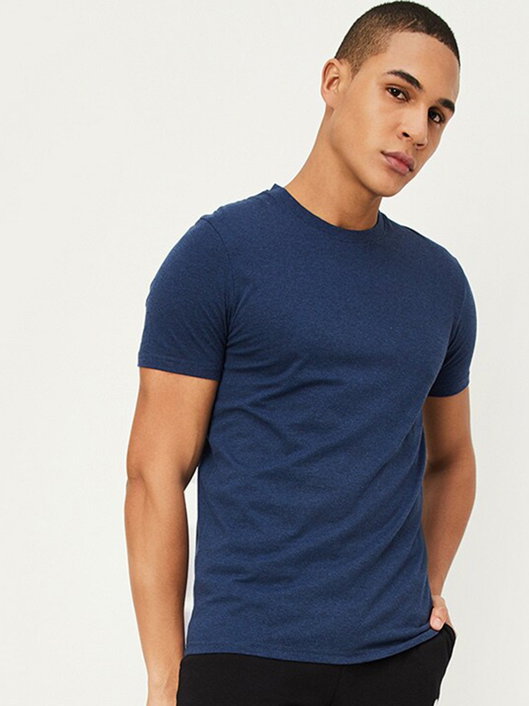 

max Round Neck Cotton T-Shirt, Navy blue