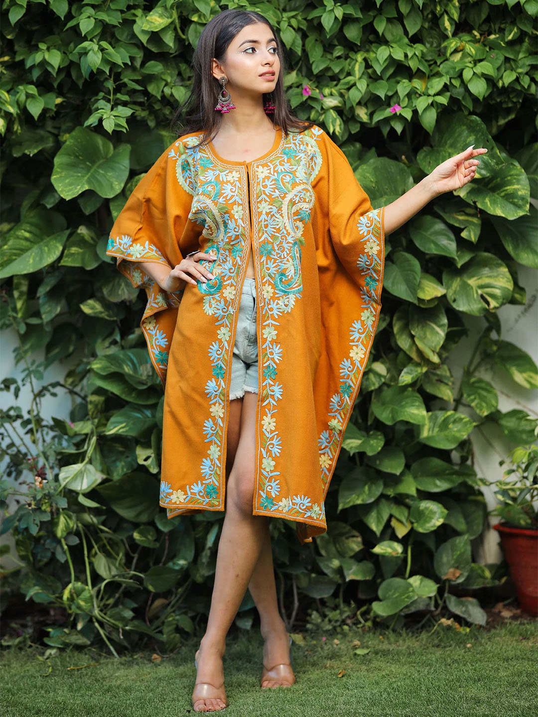 

Sangria Floral Embroidered Acrylic Kaftan Longline Shrug, Mustard