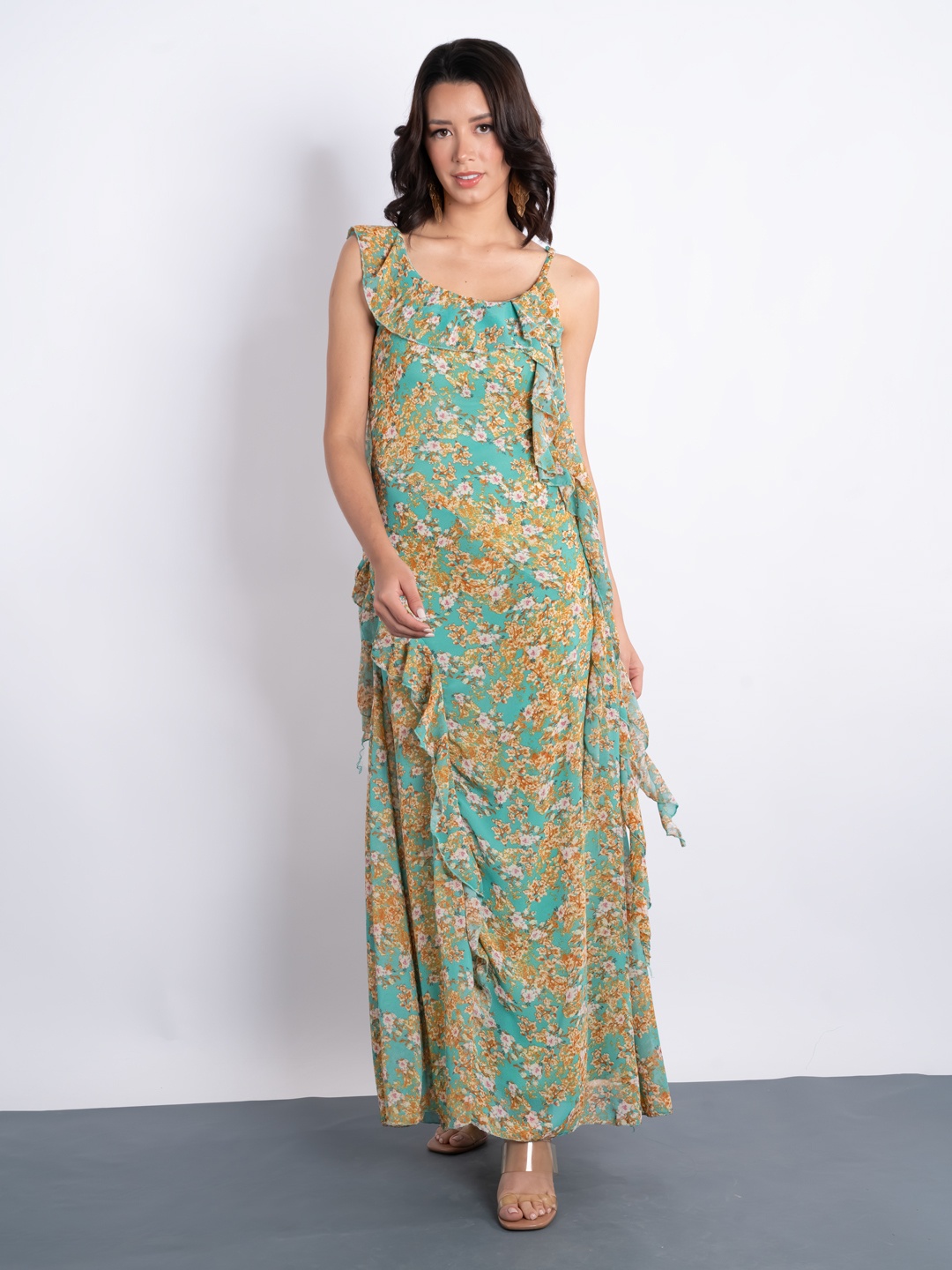 

Stylecast X Hersheinbox Floral Print Ruffled Georgette Maxi Dress, Green