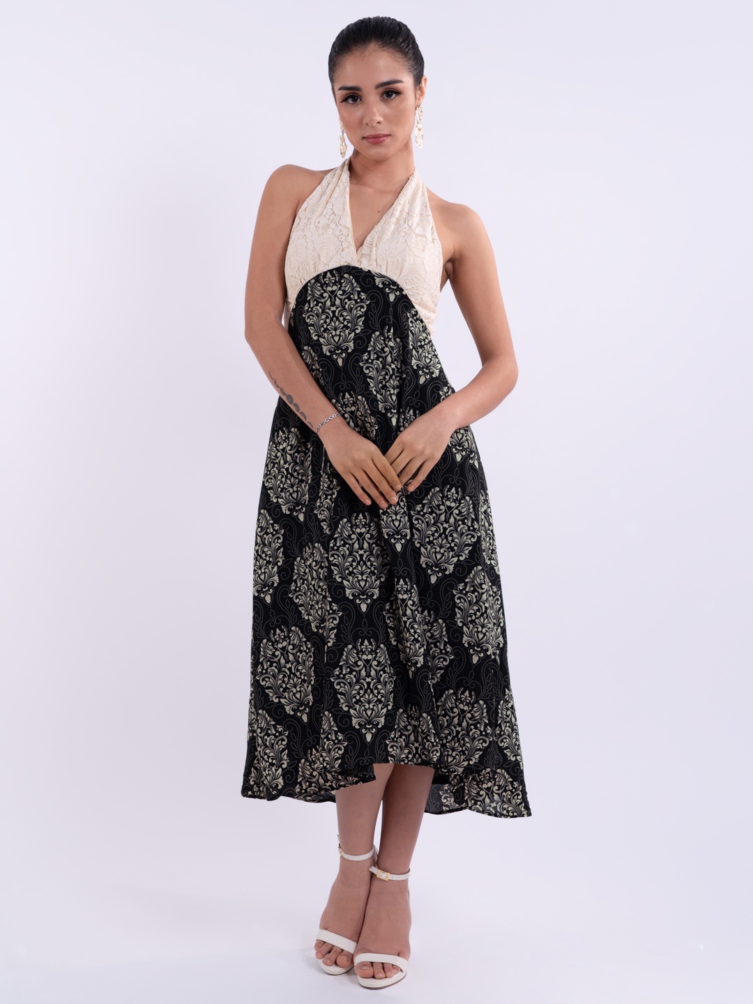 

Stylecast X Hersheinbox Ethnic Motifs Print Halter Neck A-Line Midi Dress, Black