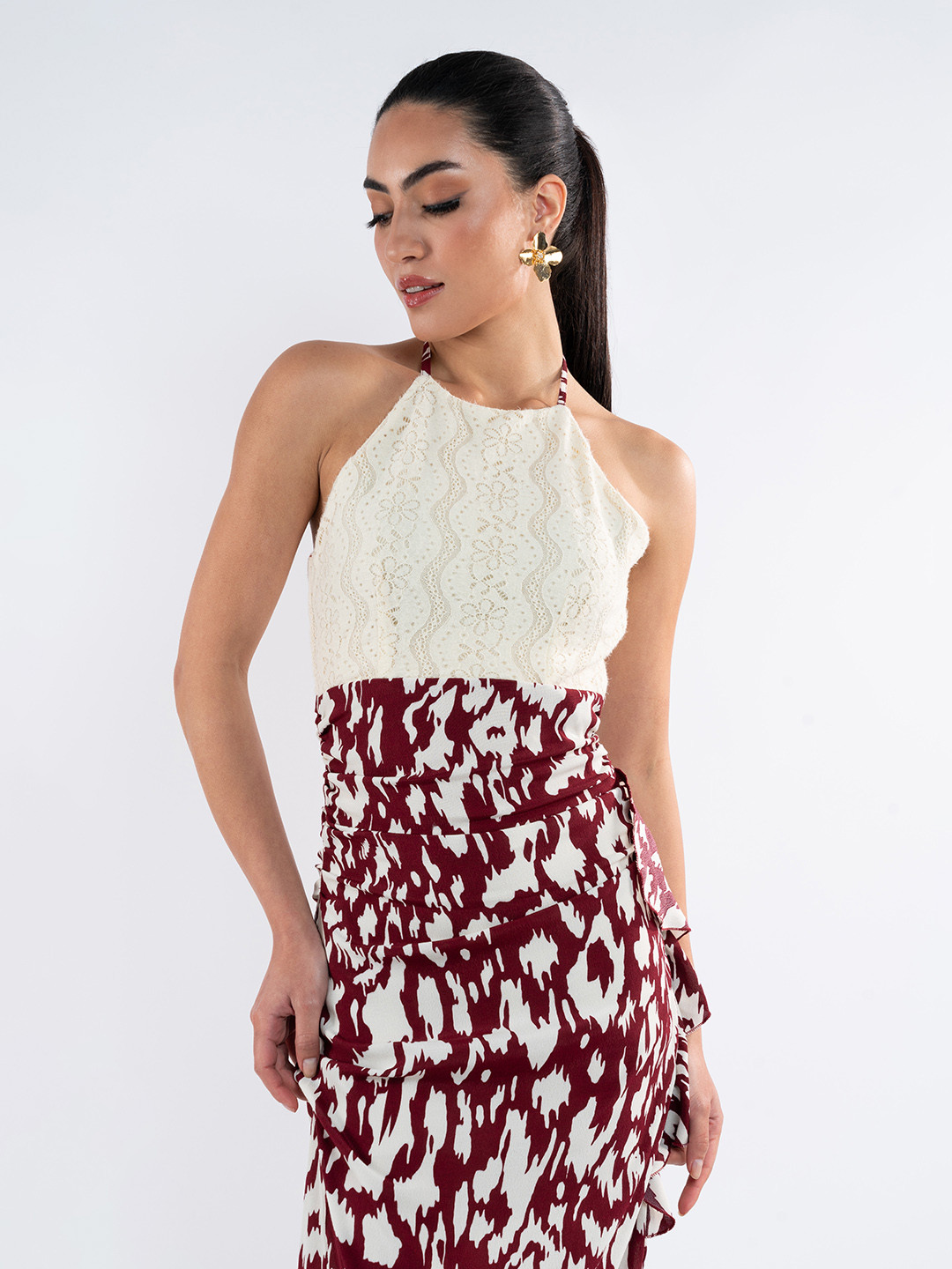 

Stylecast X Hersheinbox Printed Lace Detail Halter Neck Sheath Maxi Dress, White