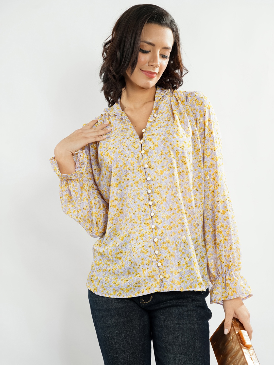 

Stylecast X Hersheinbox Floral Print Puff Sleeve Shirt Style Top, Blue