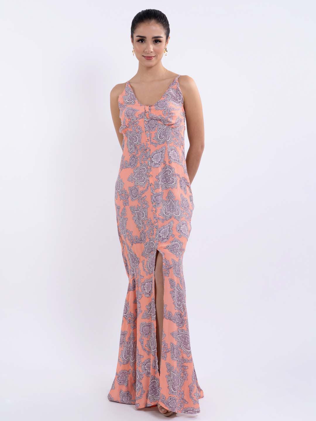 

Stylecast X Hersheinbox Printed Maxi Dress With Front Slit, Peach