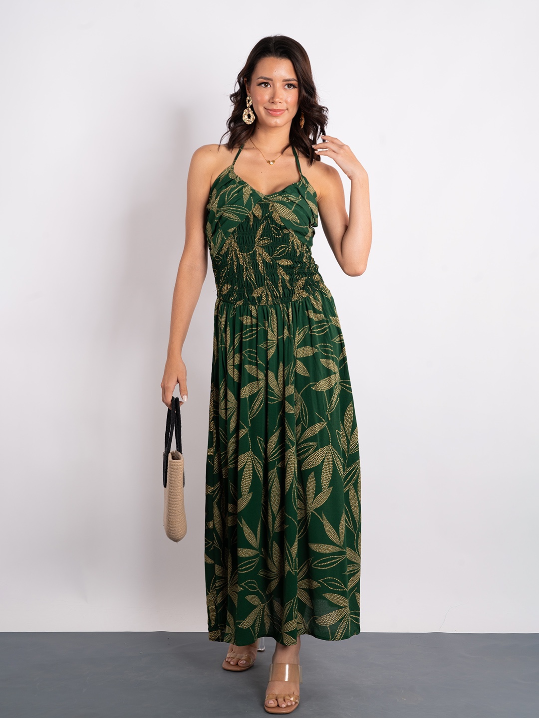 

Stylecast X Hersheinbox Floral Print Halter Neck Smocked Maxi Dress, Green