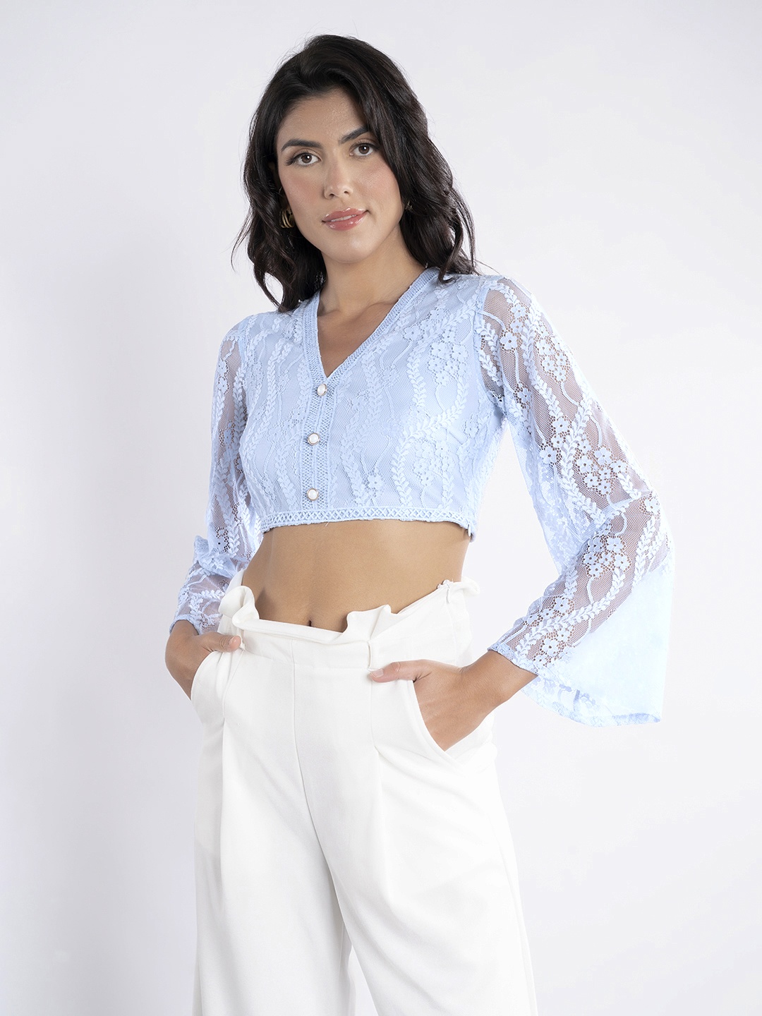 

Stylecast X Hersheinbox Flared Sleeves Lace Crop Top, Blue