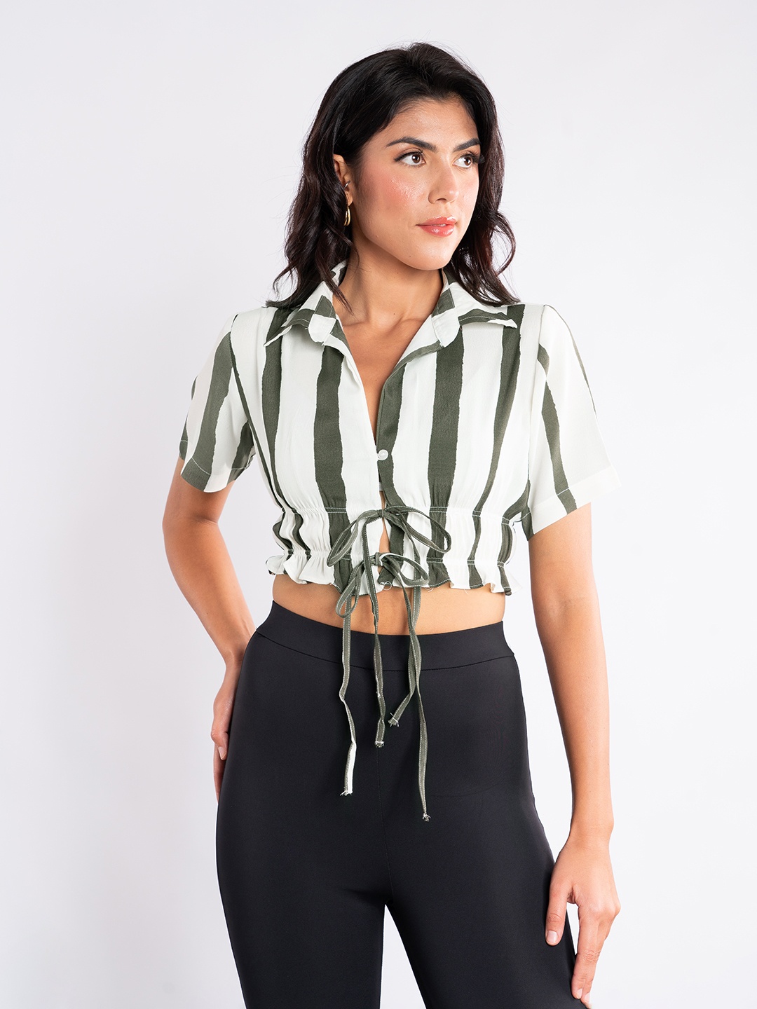 

Stylecast X Hersheinbox Striped Shirt Style Crop Top, White