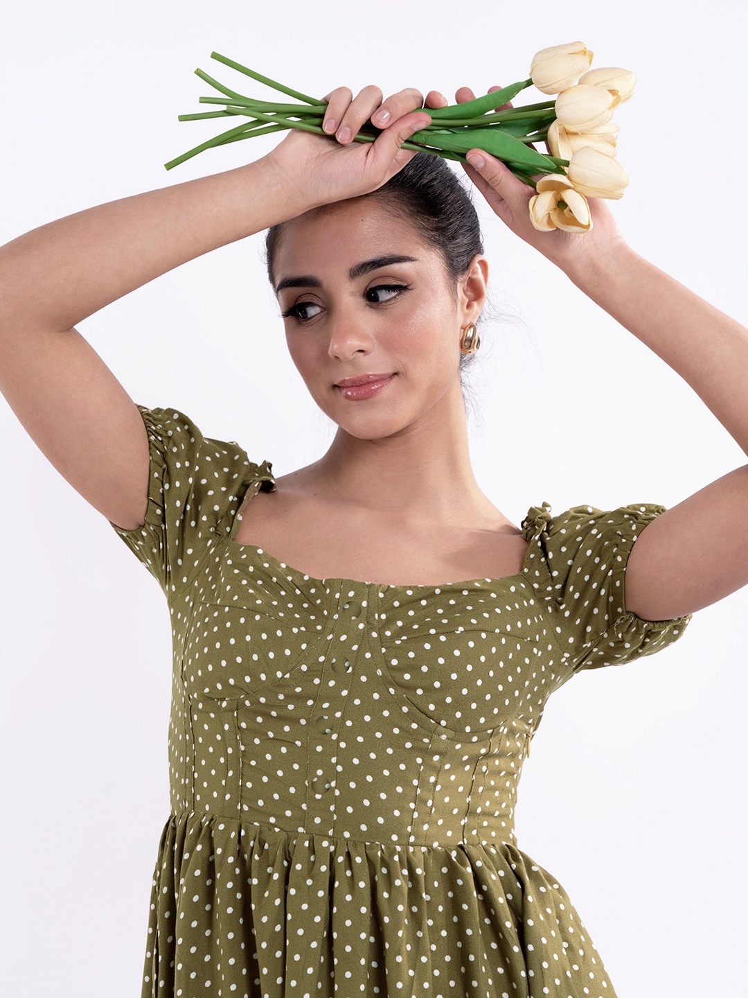 

Stylecast X Hersheinbox Polka Dot Printed Puff Sleeves Fit & Flare Mini Dress, Taupe