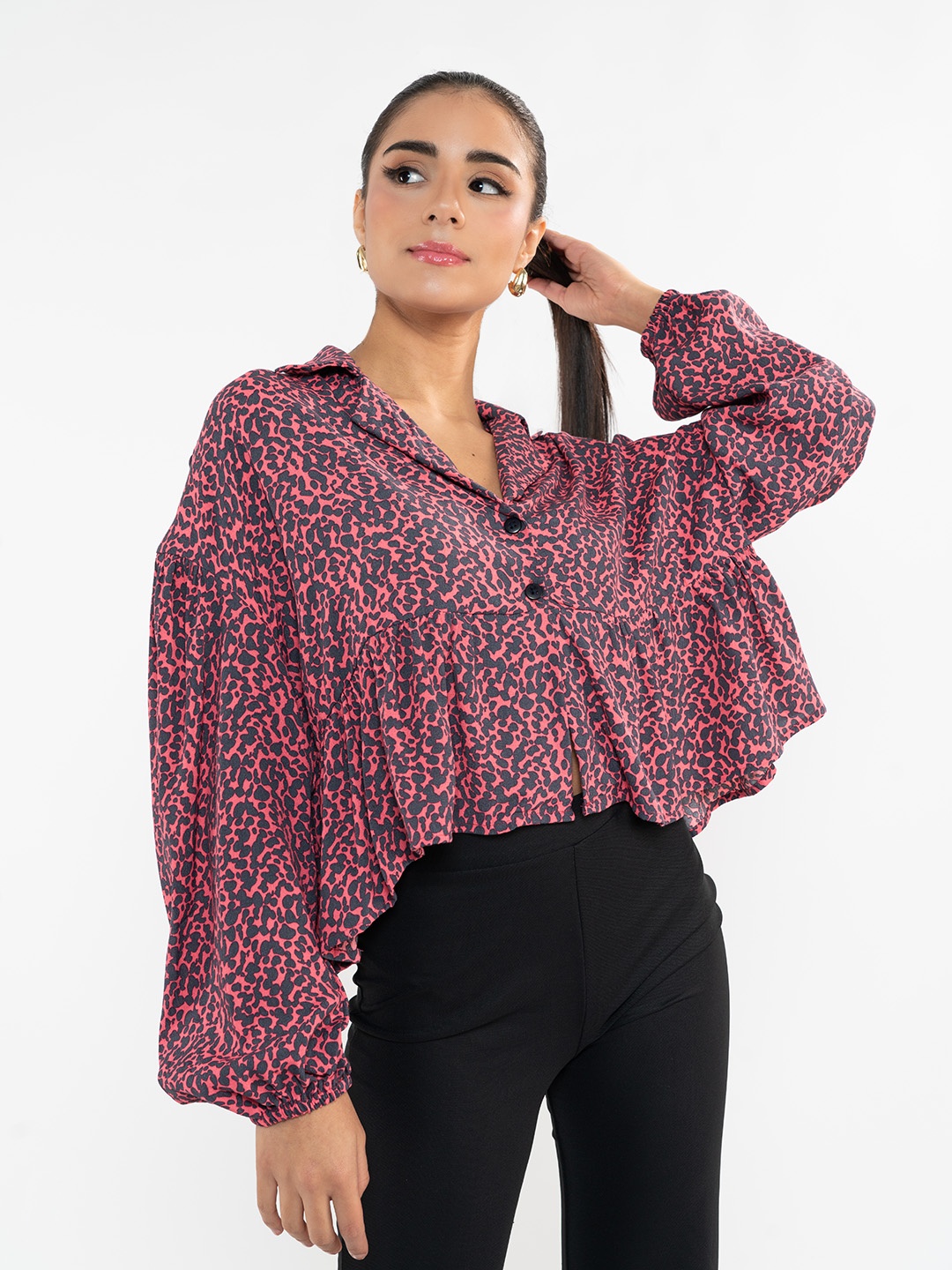 

Stylecast X Hersheinbox Printed Bishop Sleeves Shirt Style Top, Pink