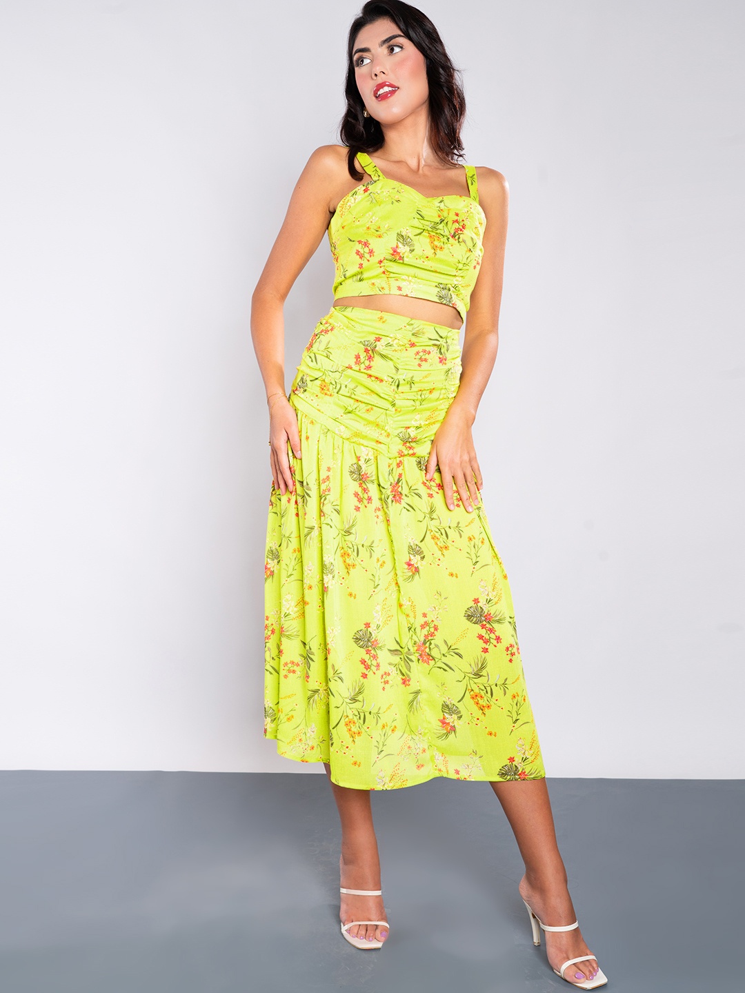 Stylecast X Hersheinbox Floral Print Ruched Co-ords, Fluorescent green
