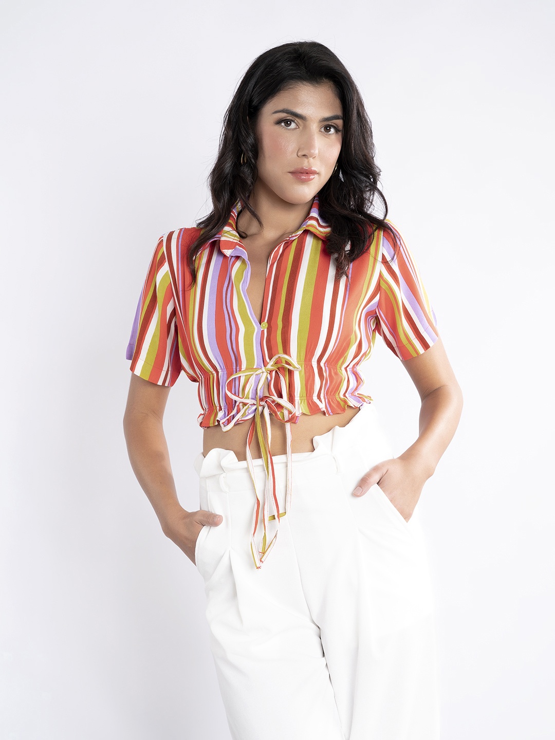 

Stylecast X Hersheinbox Striped Shirt Style Crop Top, Orange