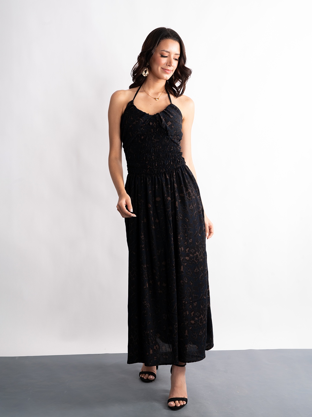 

Stylecast X Hersheinbox Animal Print Halter Neck Smocked Maxi Dress, Navy blue