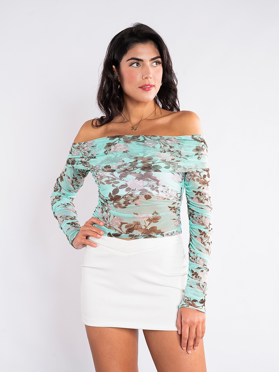 

Stylecast X Hersheinbox Floral Print Ruched Sleeves Semi-Sheer Bardot Top, Green