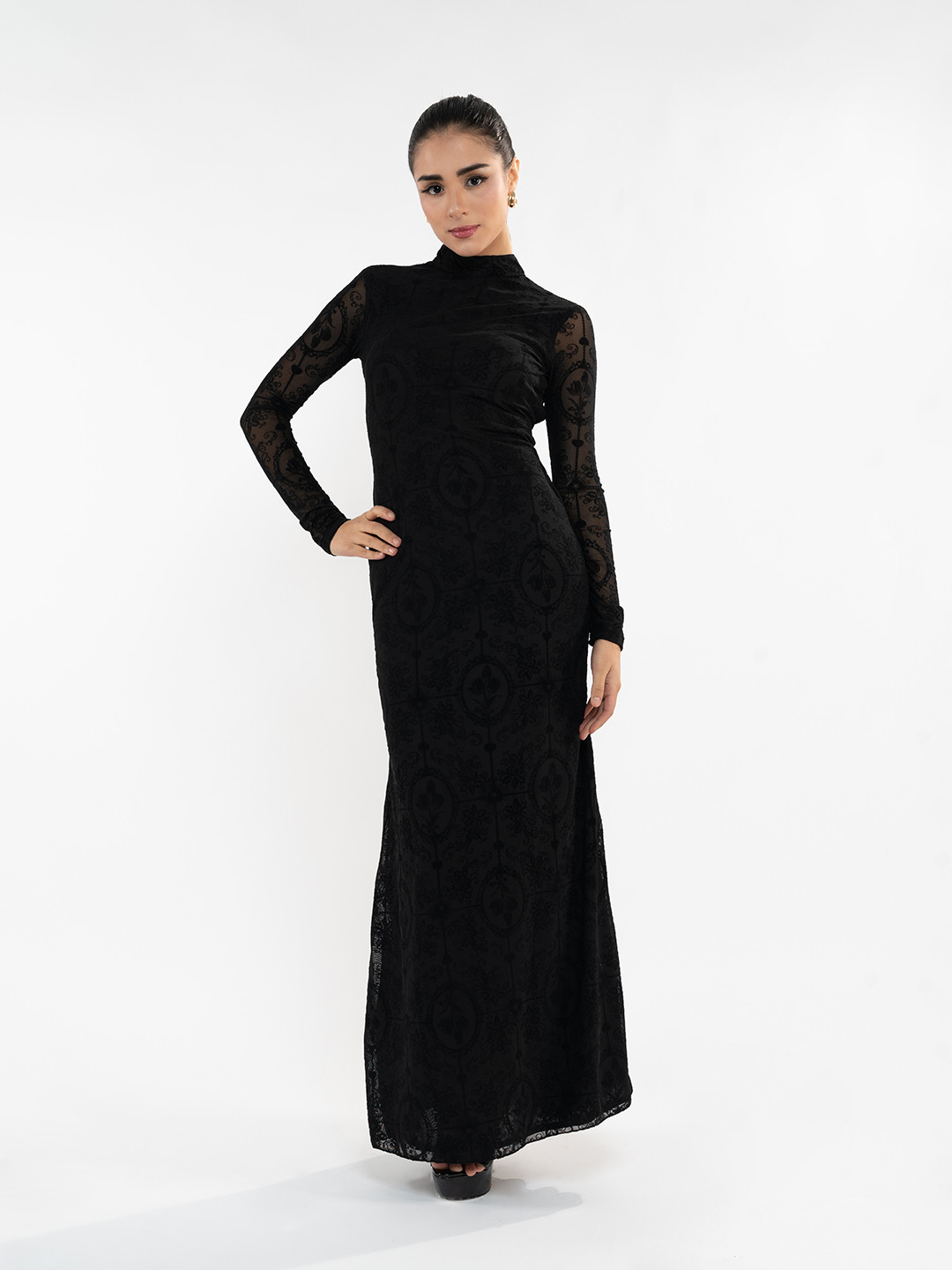 

Stylecast X Hersheinbox High Neck Cut-Out Detail Lace Inserts Maxi Dress, Black