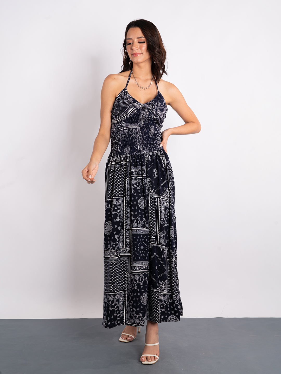 

Stylecast X Hersheinbox Ethnic Motifs Print Halter Neck Smocked Maxi Dress, Navy blue