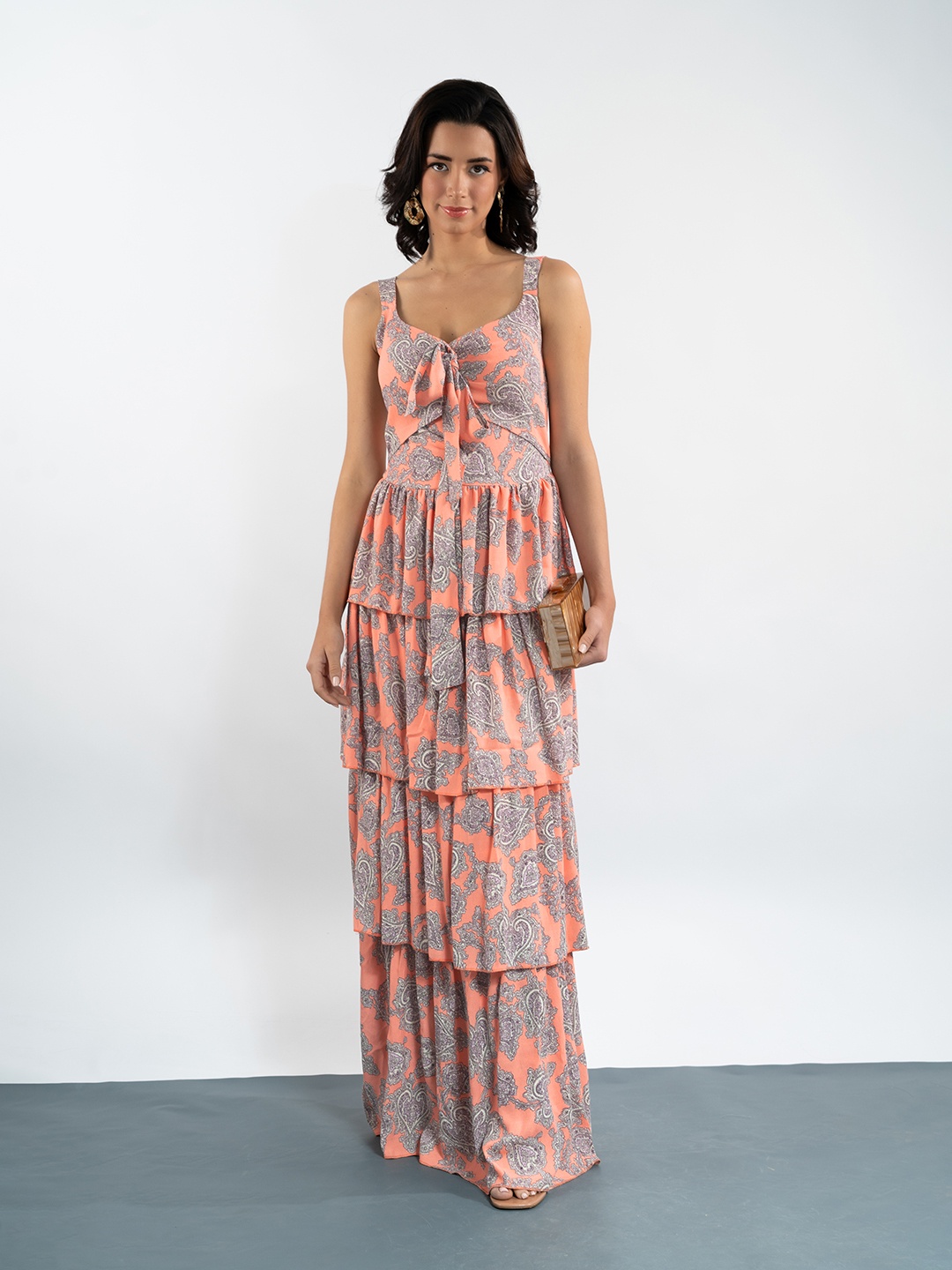 

Stylecast X Hersheinbox Ethnic Motifs Print Bow Detail Layered Maxi Dress, Peach