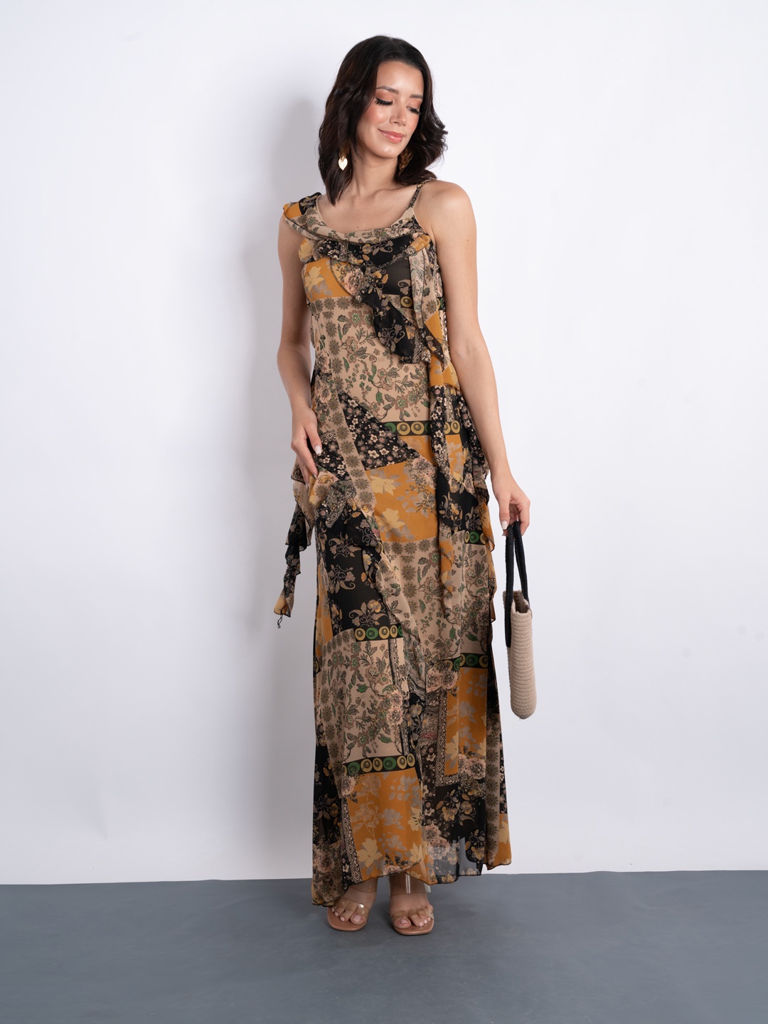 

Stylecast X Hersheinbox Floral Print Ruffled Georgette Maxi Dress, Beige
