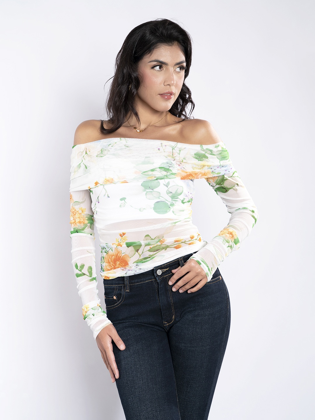 

Stylecast X Hersheinbox Ruched Floral Print Off-Shoulder Bardot Mesh Top, White
