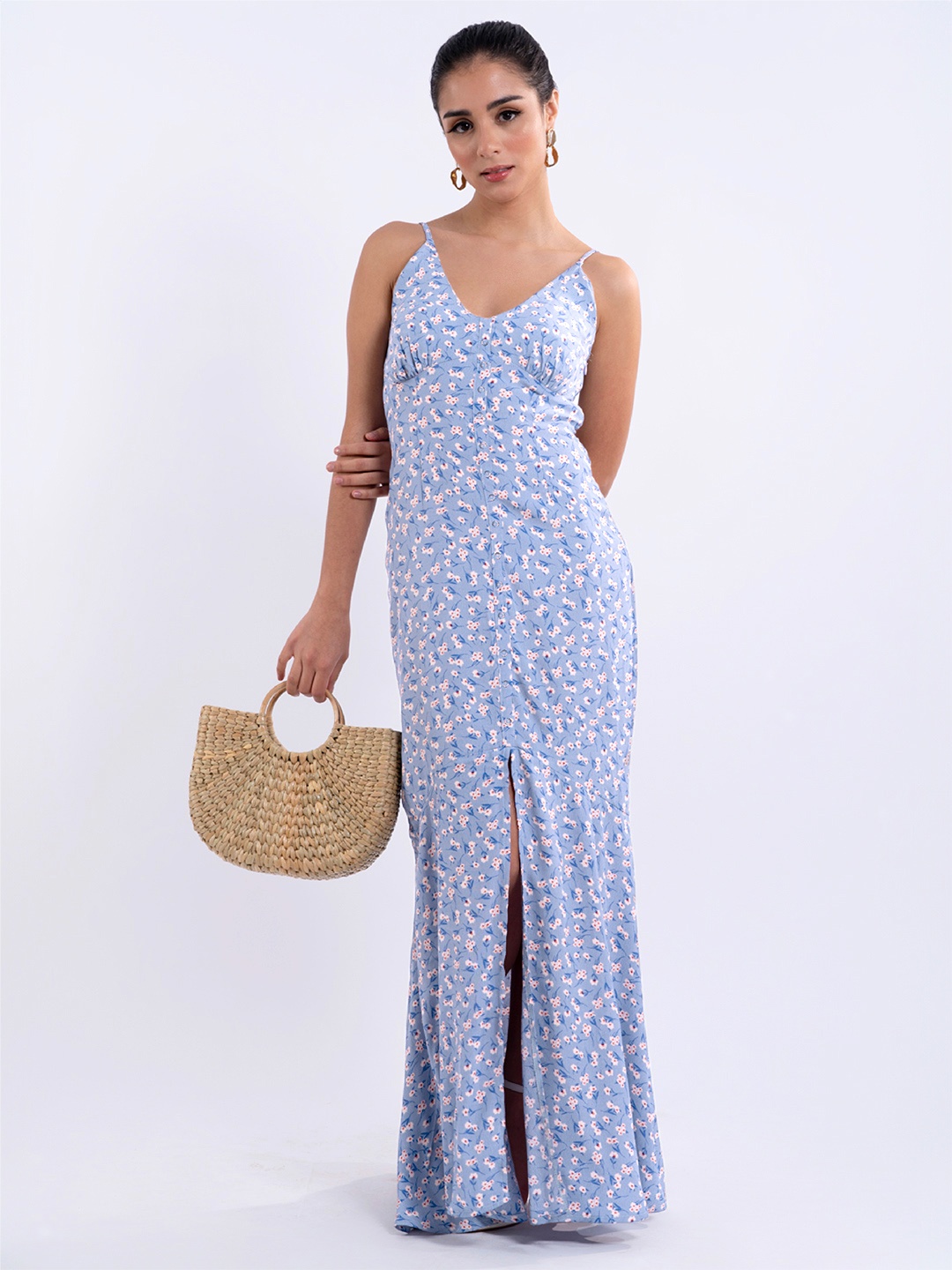 

Stylecast X Hersheinbox Front Slit Floral Print Empire Maxi Dress, Blue