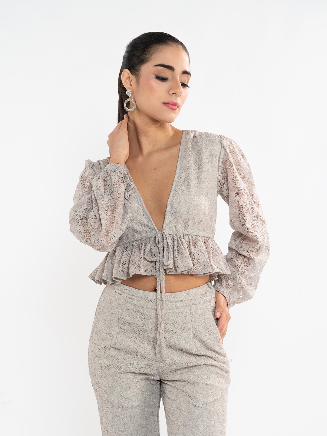 

Stylecast X Hersheinbox Lace Self-Design Co-Ords, Grey