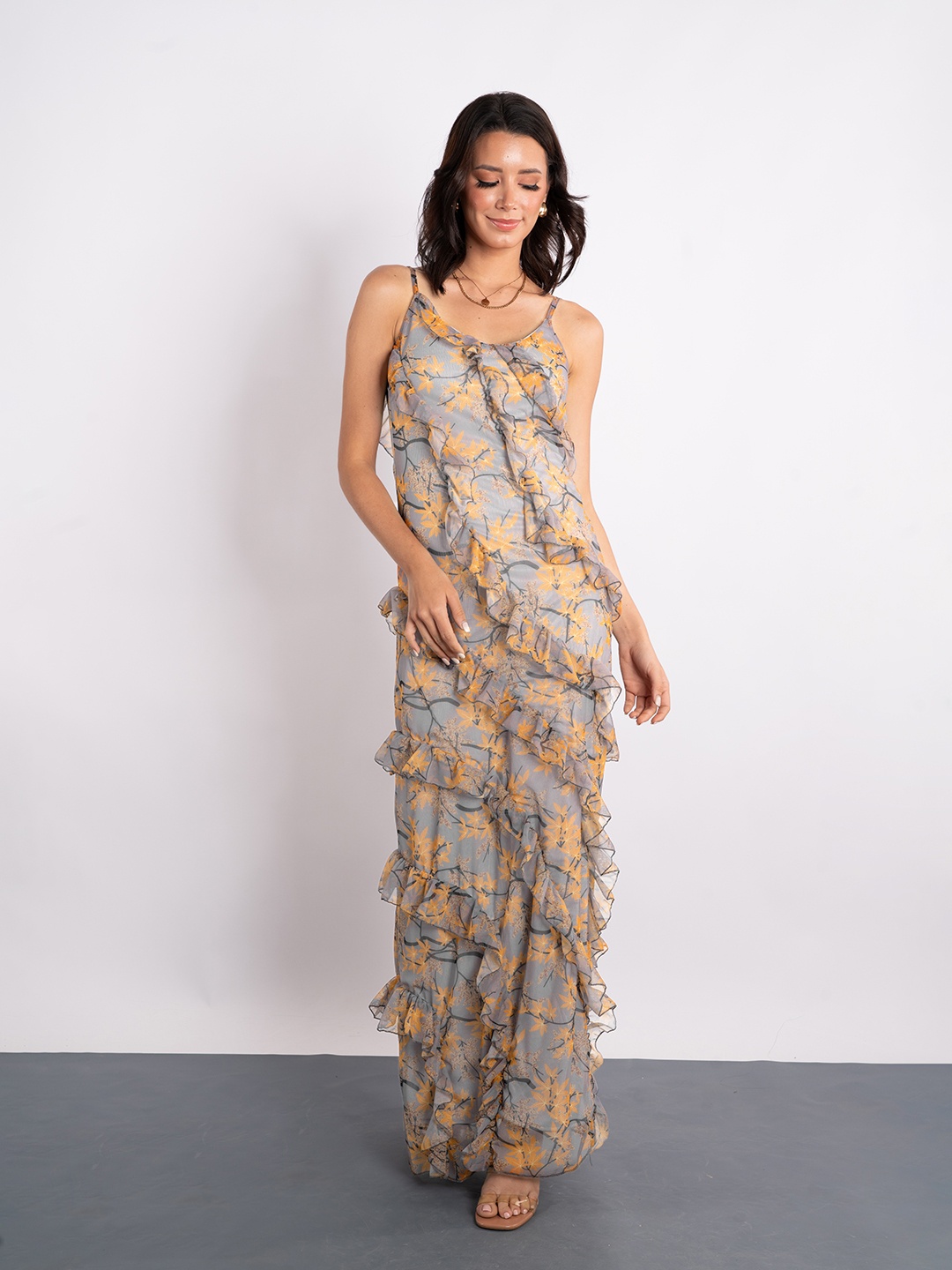 

Stylecast X Hersheinbox Floral Print Ruffled Maxi Dress, Grey