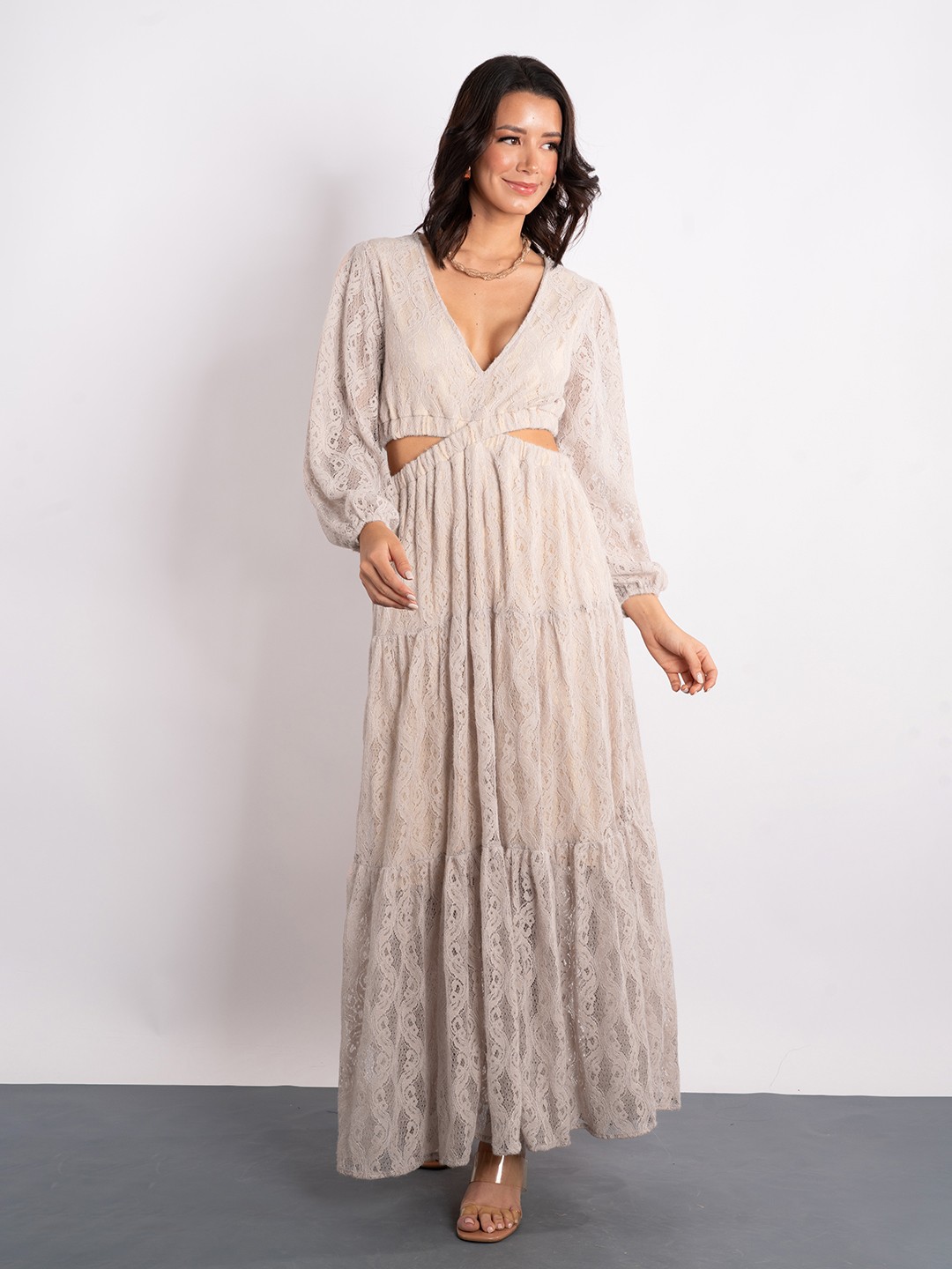 

Stylecast X Hersheinbox Puff Sleeves Cut-Outs Lace Maxi Dress, Pink