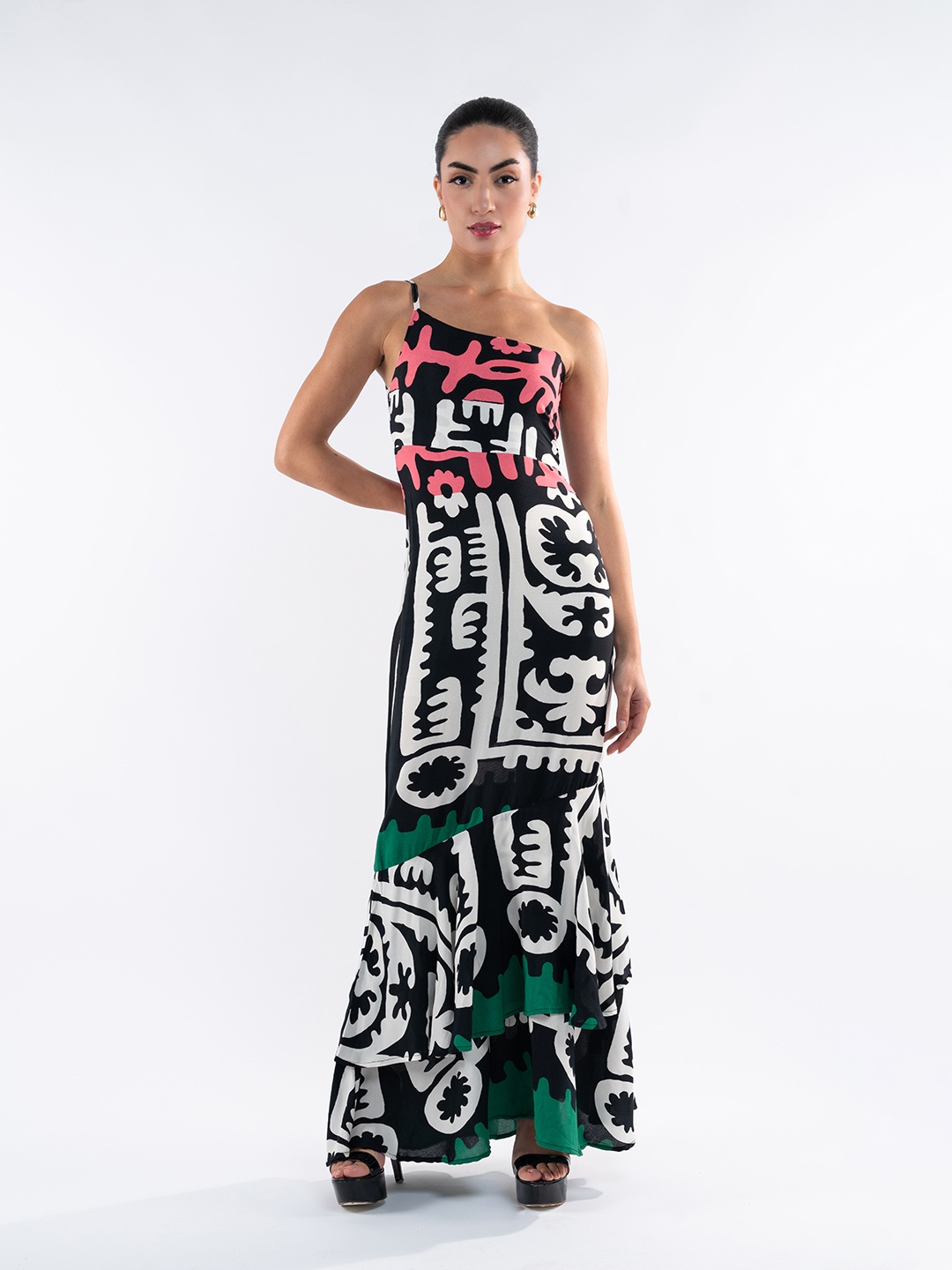 

Stylecast X Hersheinbox Printed One-Shoulder Ruffled Maxi Dress, Black