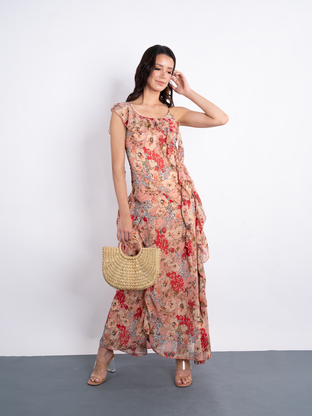 

Stylecast X Hersheinbox Floral Print Ruffled A-Line Maxi Dress, Pink