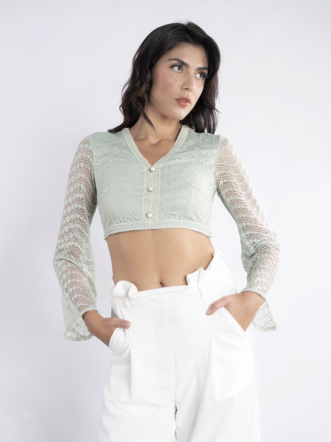 

Stylecast X Hersheinbox Floral Self Design Flared Sleeve Lace Crop Top, Green