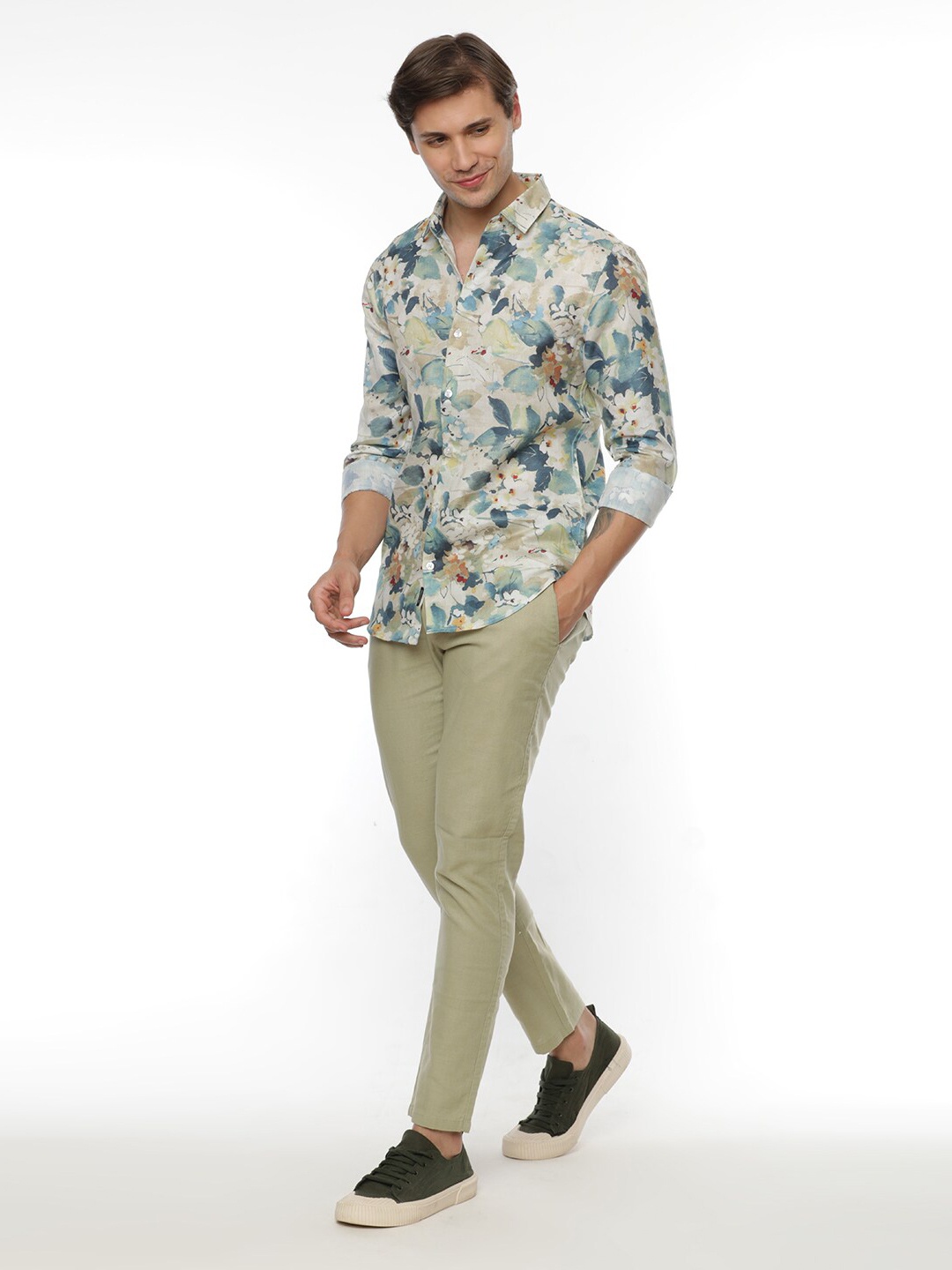 

FLY 69 Premium Slim Fit Floral Printed Casual Shirt, Off white