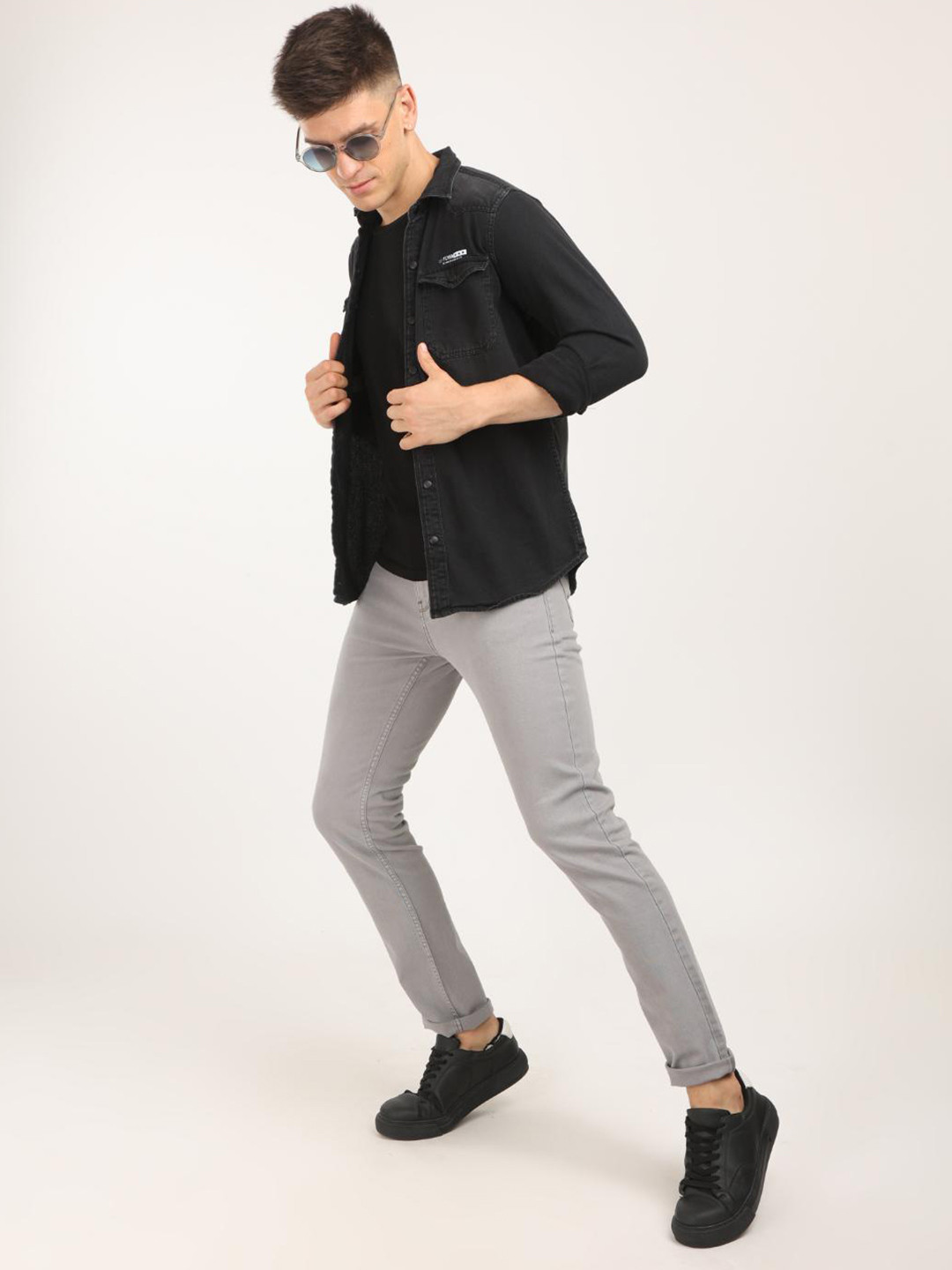 

FLY 69 Premium Slim Fit Long Sleeves Denim Weave Shirt, Black